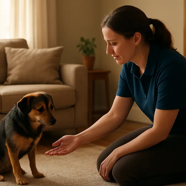 Un pet carer rencontre un petit chien nerveux dans le salon, offrant une main rassurante.
