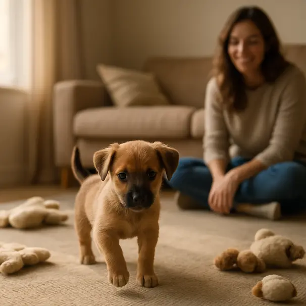 Cachorro pequeño de raza mixta explorando una sala de estar acogedora con juguetes y una cama, dueño observando desde la distancia.