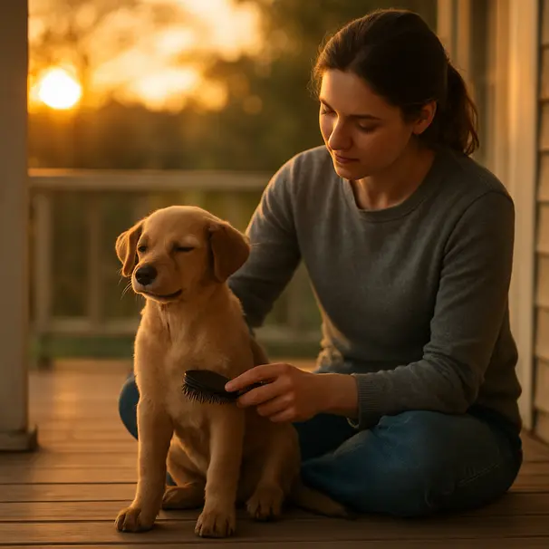Cuidador acariciando y cepillando a un cachorro en el porche al atardecer, ambiente tranquilo y acogedor.