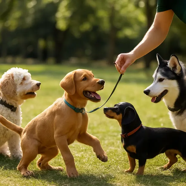 Cachorro jugando con otros perros en un parque soleado, césped verde y dueño ofreciendo premios.