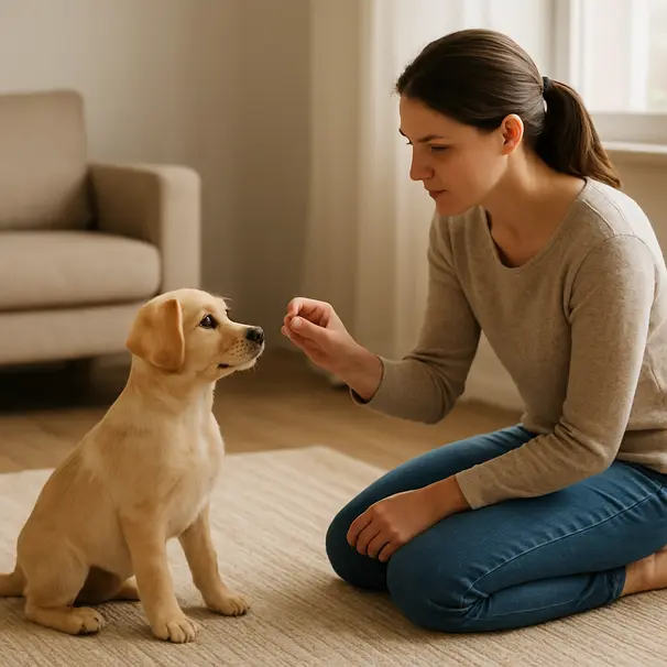 Sesión de entrenamiento en casa con un cachorro sentado y recibiendo una golosina de su dueño en una alfombra.
