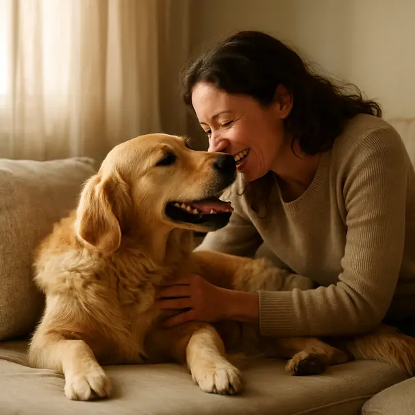 Golden retriever lying on a couch in a sunlit living room with an owner nearby laughing and sniffing playfully