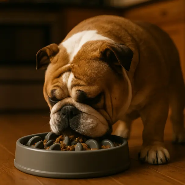 English bulldog eating from a slow-feeder bowl on a kitchen floor at dusk with warm lighting