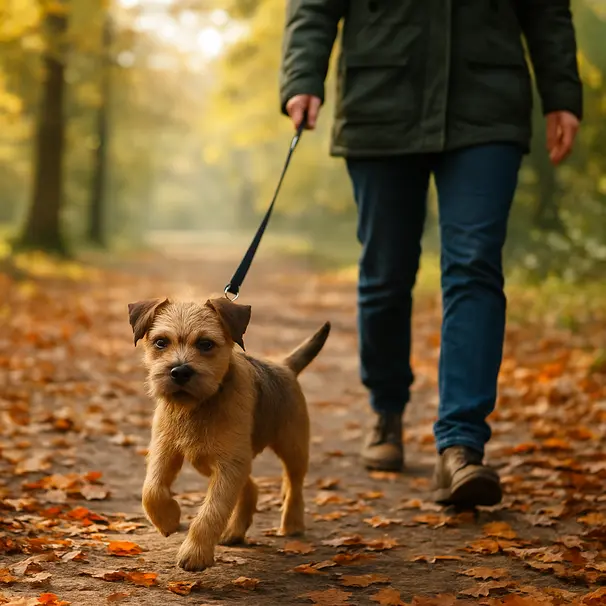 Small terrier being walked by a pet carer on a leafy park path in the morning, autumn leaves visible
