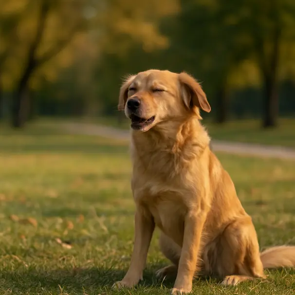 Medium-sized golden mixed-breed dog standing in a park, pausing after a reverse-sneezing episode, late afternoon light, grass and trees in background