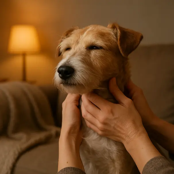 Small terrier on a sofa having its throat gently massaged by an owner to help stop a reverse-sneezing episode, warm lamp light, cozy setting