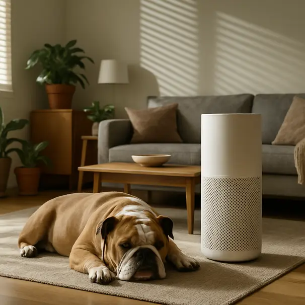 Brachycephalic bulldog resting near an air purifier in a bright living room, sunlight through blinds, plants and tidy decor indicating reduced irritants