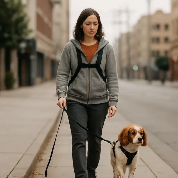 Female pet carer walking a small spaniel on a city street, using a harness, overcast morning light, carer looking attentive and taking notes
