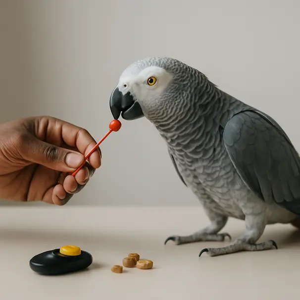 African grey parrot touching a target stick held by a trainer indoors, clicker and treats nearby, clear focused action.