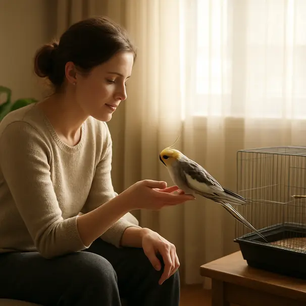 Person inside a living room offering a perch to a cockatiel for step-up training, bright morning light, calm bird approaching the perch.