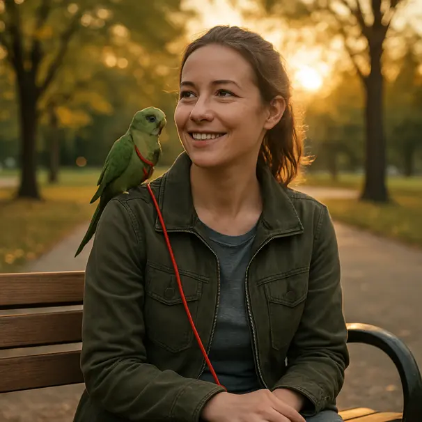 Pet carer outdoors on a bench with a small parrot on a shoulder harness, golden-hour lighting, gentle bonding interaction.