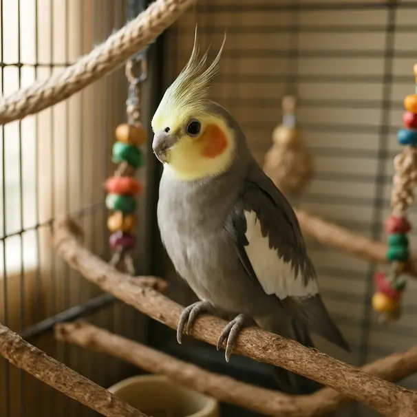 Cockatiel exploring different natural wood and rope perches inside a spacious indoor cage with toys and food bowl.