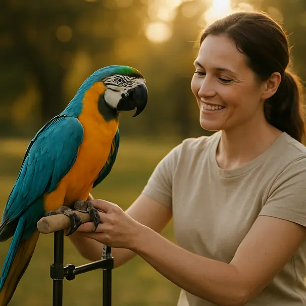 Pet carer placing a blue-and-gold macaw into a portable travel perch outdoors during golden hour in a park.