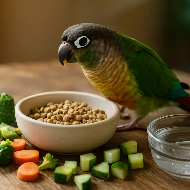Green-cheeked conure eating pellets and fresh vegetables from a ceramic bowl on a table with bright afternoon light.