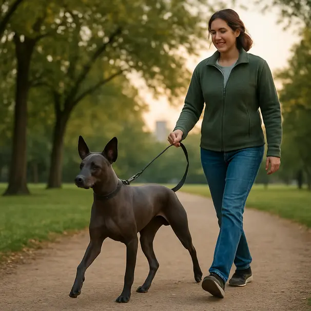 Xoloitzcuintli on a leash walking with a carer along a tree-lined park path during early evening, candid motion shot.