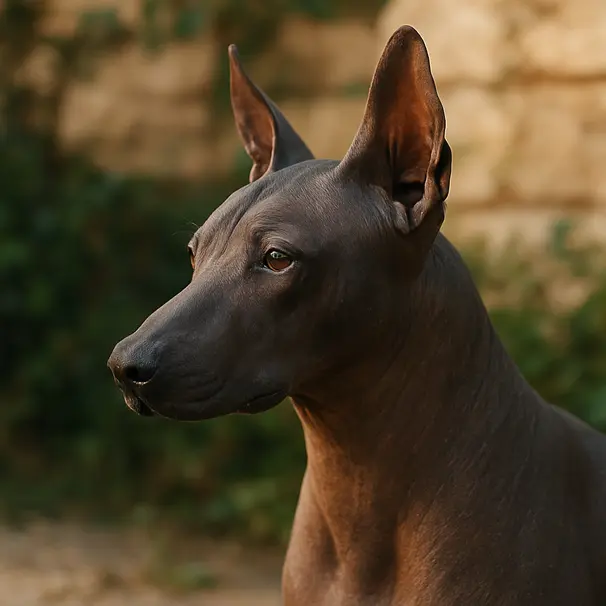 Close-up three-quarter profile of a hairless Xoloitzcuintli outside with foliage and stone background, showing skin texture and alert expression.