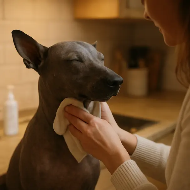Owner wiping a hairless Xoloitzcuintli's skin with a soft cloth in a warm kitchen, showing grooming and care interaction.