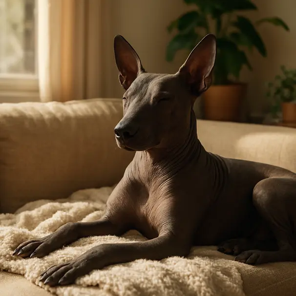 Hairless Xoloitzcuintli resting on a sunlit couch in a living room, relaxed posture and soft blanket.