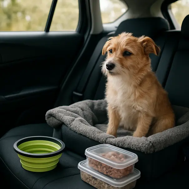Car interior with pet travel essentials and a small terrier resting on a booster seat