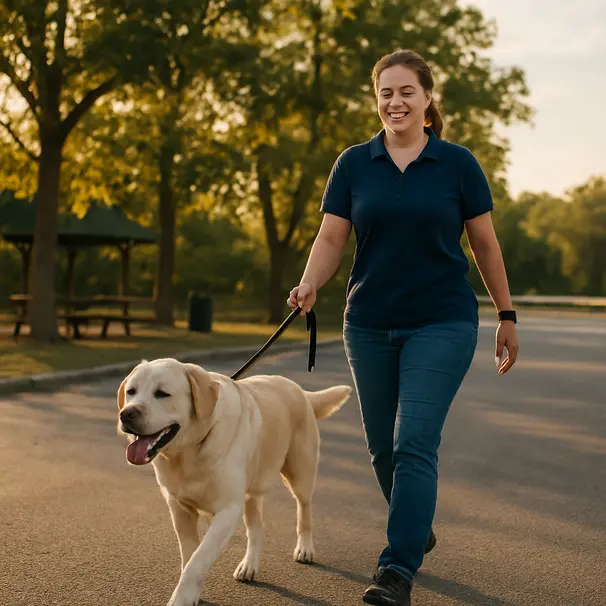 Pet carer walking a Labrador at a rest stop on a sunny late afternoon with picnic tables nearby