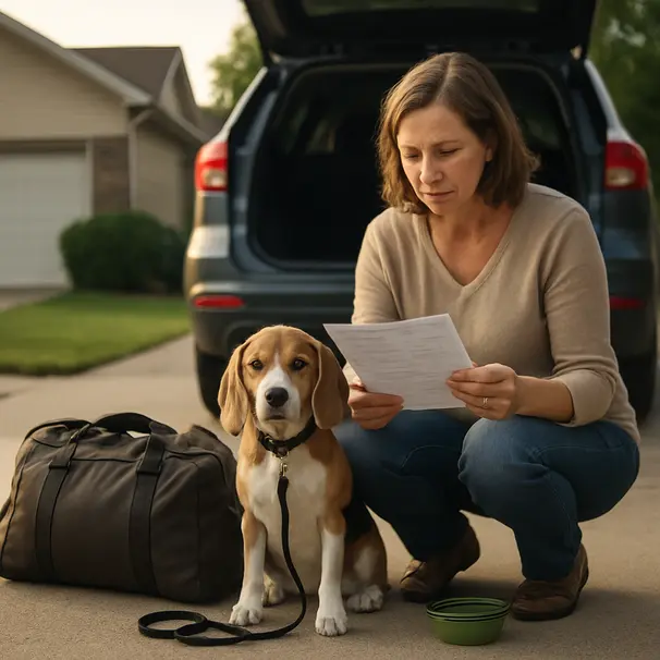 Pet owner checking vaccination records by a packed car with a beagle sitting beside luggage in a driveway