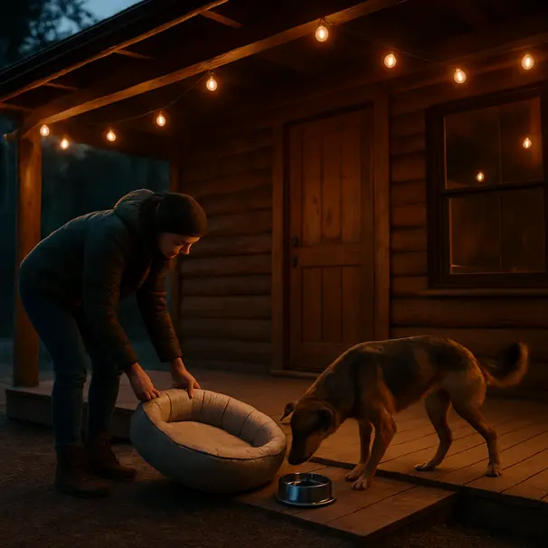 Person setting up a dog bed and water bowl on a cabin porch at dusk with a mixed-breed dog exploring