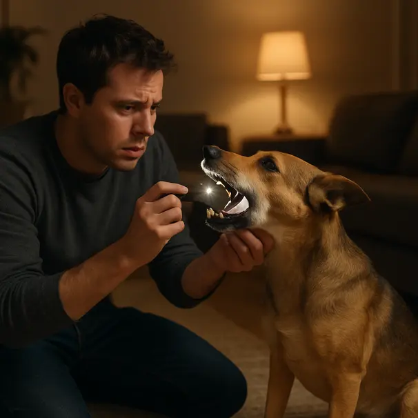 Owner checking a mixed breed dog's mouth with a flashlight on a living room rug, evening indoor setting