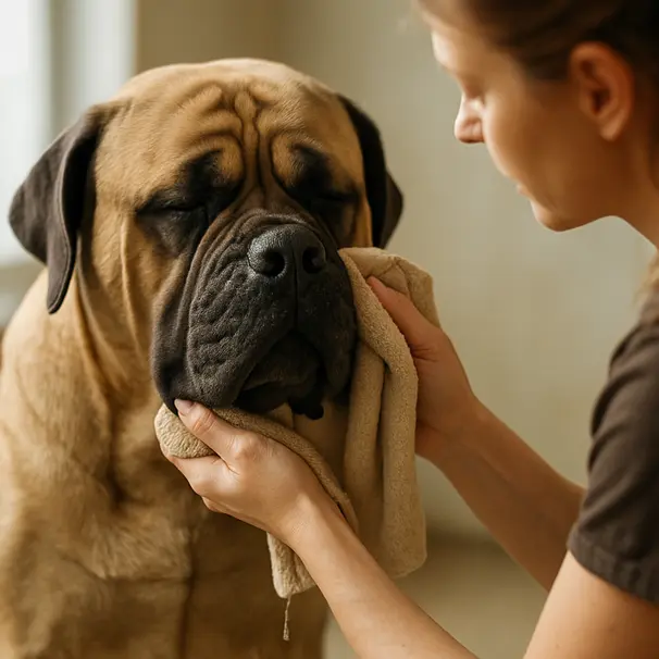 Groomer cleaning the facial folds of a large drooly dog indoors with a towel, showing hands and calm dog