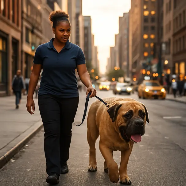 Pet carer walking a large drooling mastiff on a city sidewalk at golden hour, urban background