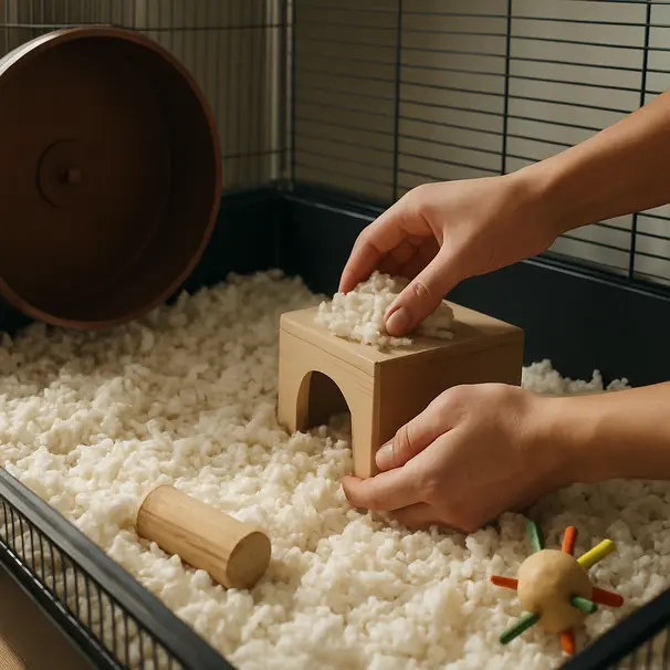 A person adding fresh paper bedding and a wooden hideout to a spacious hamster cage with a wheel and toys visible