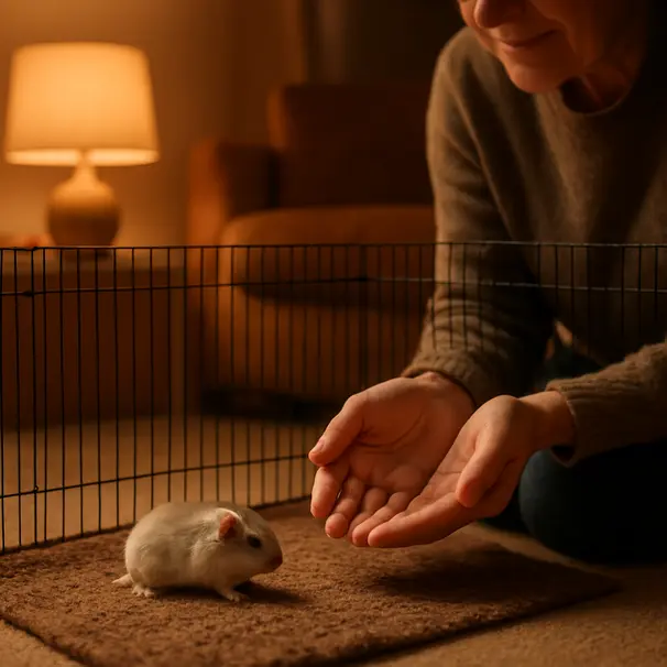 Dwarf hamster exploring a supervised playpen on a living room floor with a carer’s hands nearby under warm evening light