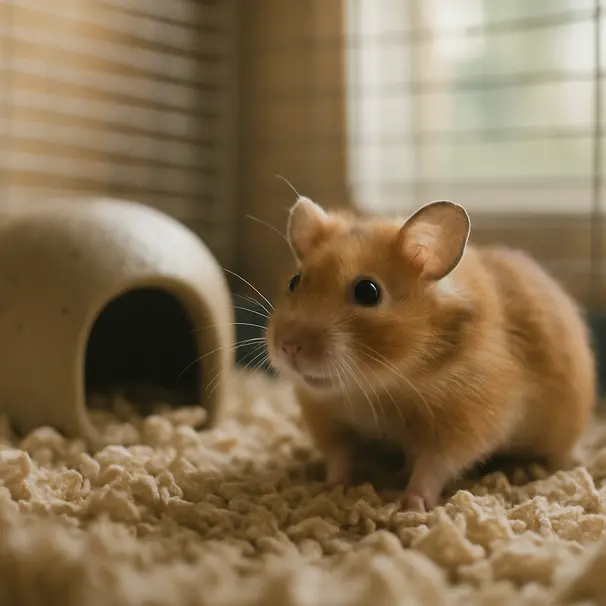 Close-up of a Syrian hamster inside a cozy indoor cage exploring bedding and a ceramic hideout under soft daylight