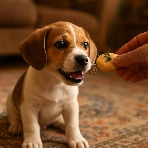 Beagle-mix puppy being offered a tiny homemade rosemary-flavored treat in a cozy living room