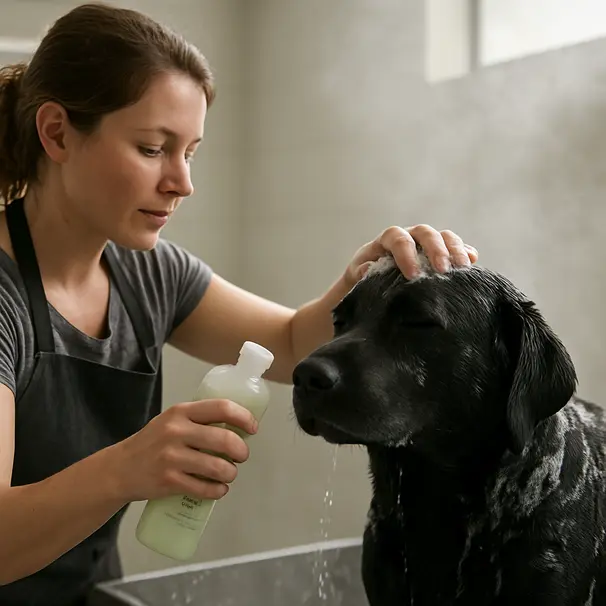 Groomer washing a black Labrador with rosemary-scented dog shampoo in a bright grooming salon