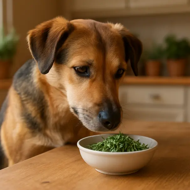 Mixed-breed dog sniffing a bowl of chopped fresh rosemary on a kitchen table in morning light