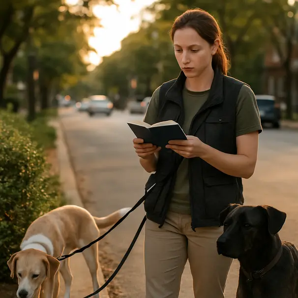 Pet carer reading pet care notes while two dogs wait on leashes on a city street at golden hour