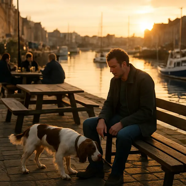 Playful spaniel sniffing a bench at an outdoor harbour-side restaurant in Leith during golden hour, boats and piers visible in the background.