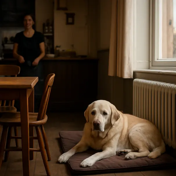 Elderly Labrador resting on a padded mat near a window inside a quiet New Town bistro in Edinburgh, bowl of water nearby and staff in the background.