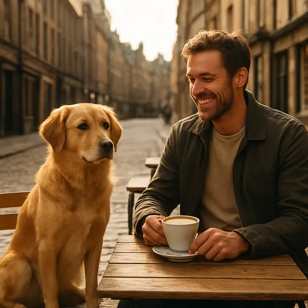 Medium-sized dog sitting calmly beside its owner at an outdoor café terrace in Edinburgh, cobbled street and stone buildings visible, owner holding a latte.