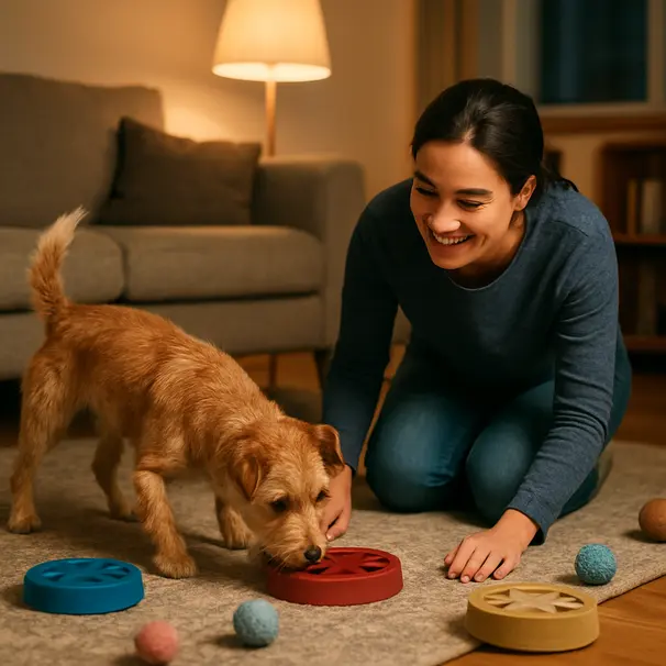 Terrieri ratkaisee hajupohjaista älypeliä olohuoneessa pet carerin valvoessa.