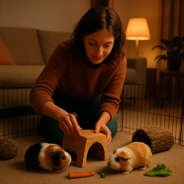 Tierpflegerin richtet abends einen Meerschweinchen-Spielbereich im Wohnzimmer ein, Meerschweinchen erkunden Spielzeug und Gemüse, warme Beleuchtung
