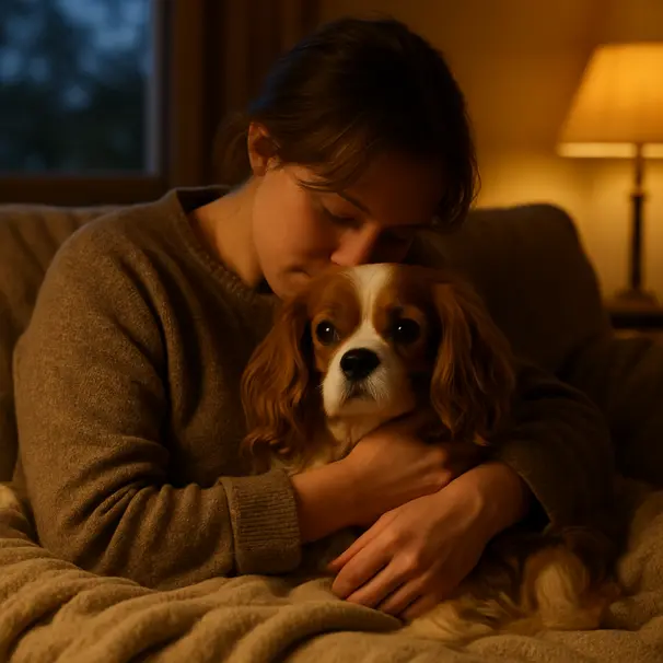 Cavalier King Charles Spaniel cuddled on a sofa with its owner in a warm, dimly lit living room, showing affection and calm.