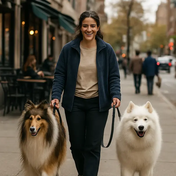 Pet carer walking a Rough Collie and a Samoyed on a city sidewalk near cafes, showing professional handling and urban environment.