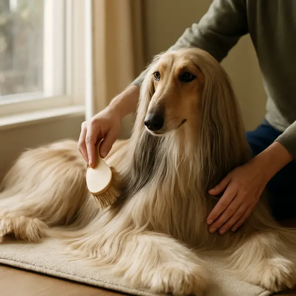 Owner brushing an Afghan Hound indoors near a sunny window, focusing on the dog's silky coat and relaxed posture.