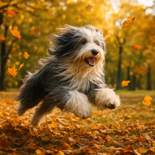 Bearded Collie bounding in an autumn park with leaves flying, showing motion and playful energy.