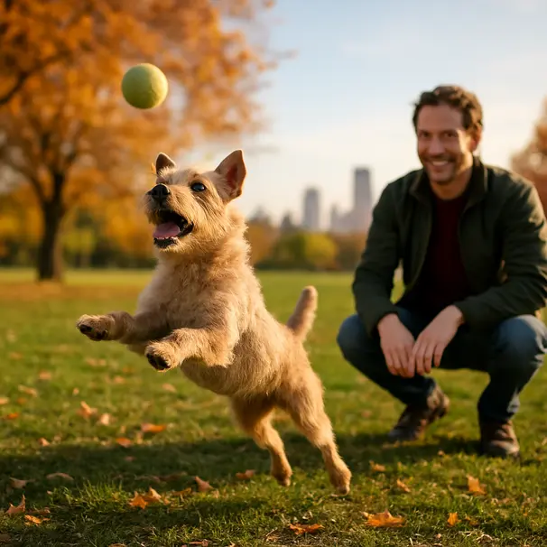 Small terrier leaping for a ball at a park in late afternoon with owner nearby, autumn light and city skyline in background