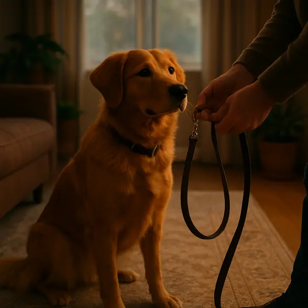 Golden retriever mix on living room rug at dusk while owner prepares for an evening walk, indoor plants and soft window light visible