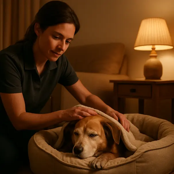 Pet carer tucking a senior dog into a soft bed under warm lamp light in a home bedroom, caregiver showing calm supportive expression