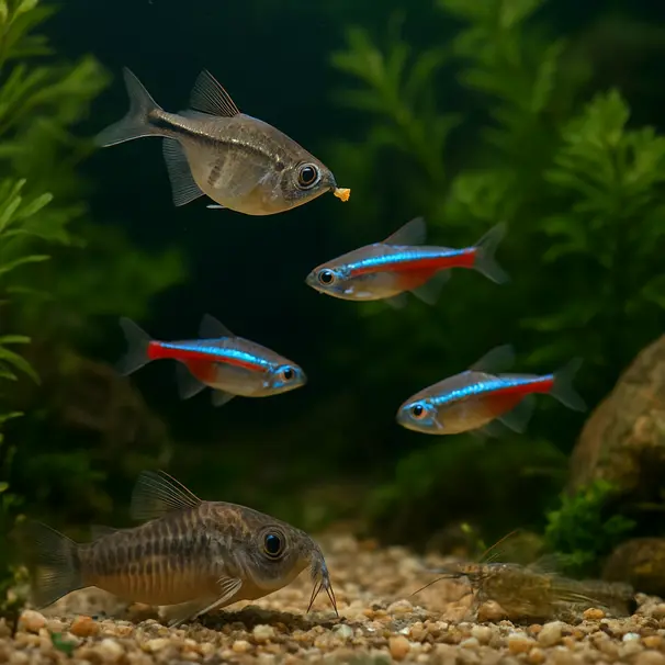 Close-up of feeding activity in an aquarium showing top, mid, and bottom feeders including a shrimp grazing near the substrate