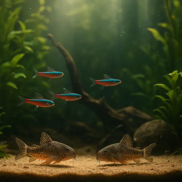 Planted freshwater aquarium with neon tetras schooling mid-water and corydoras foraging on sandy substrate under morning light